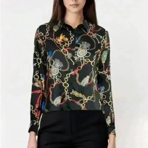Haute Monde Chain Print Button Down Blouse Size Medium - Picture 1 of 10